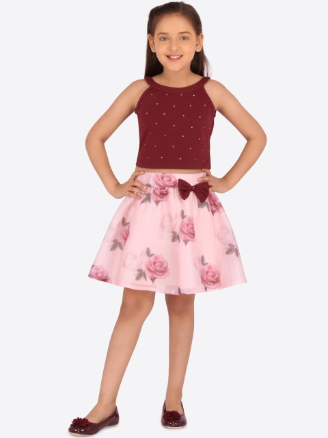 

CUTECUMBER Girls Maroon & Pink Embellished Top with Skirt