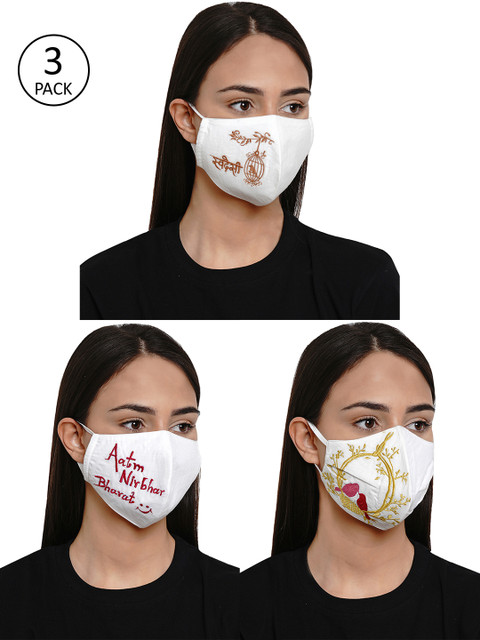

Bhama Couture Women 3 Pcs Embroidered 4-Ply Reusable Cloth Masks, White