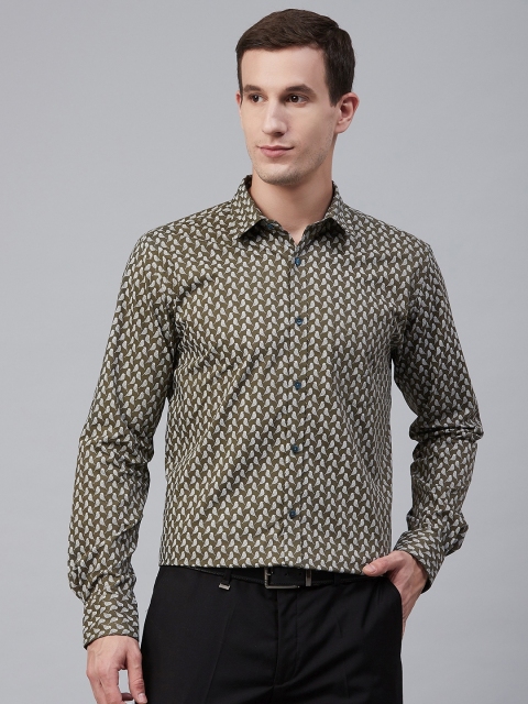 

Park Avenue Men Olive Green & White Bird Print Slim Fit Formal Shirt