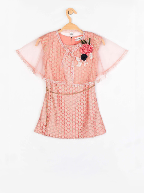 

Peppermint Girls Peach Self Design A-Line Dress with Cape Jacket & Belt
