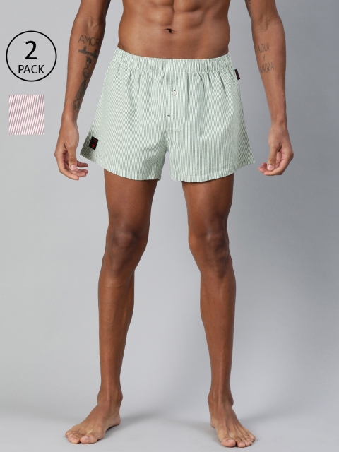

THE BEAR HOUSE Men Pack of Two Striped Woven Pure Cotton Boxers TBH-PUDDLE, Assorted
