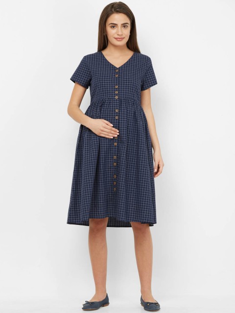 

Mystere Paris Women Navy Blue & White Checked Fit and Flare Dress