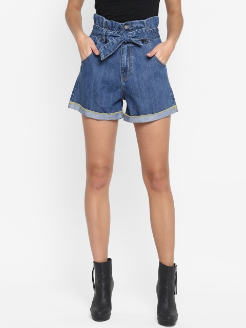 

FOSH Women Blue Solid Loose Fit Denim Shorts
