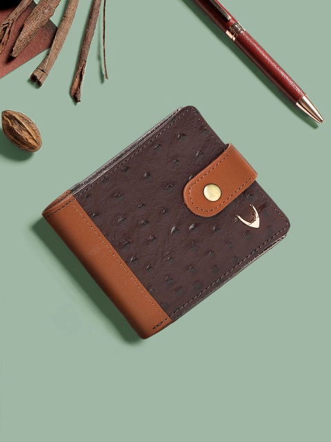 

Hidesign Men Brown & Tan Ostrich Skin Textured Two Fold Leather Wallet