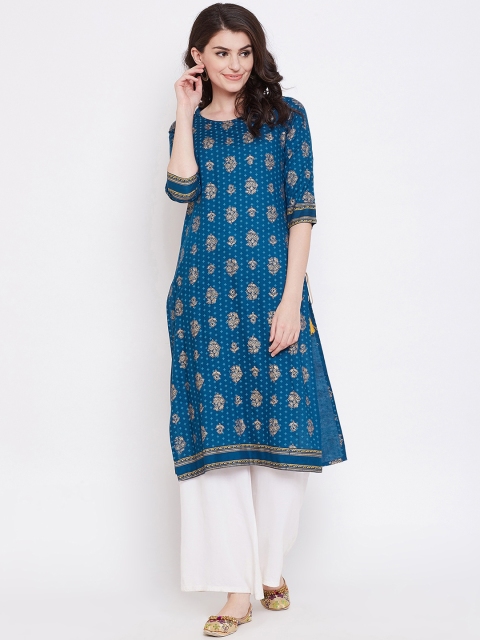 

Desi Rang Women Turquoise Blue Printed Straight Kurta