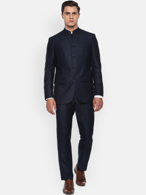 

Louis Philippe Men Navy Blue Self-Design Bandhgala Formal Suit
