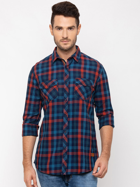 

Globus Men Blue & Red Regular Fit Checked Casual Shirt