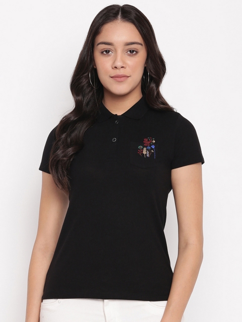

Miss Grace Women Black Solid Polo Collar T-shirt