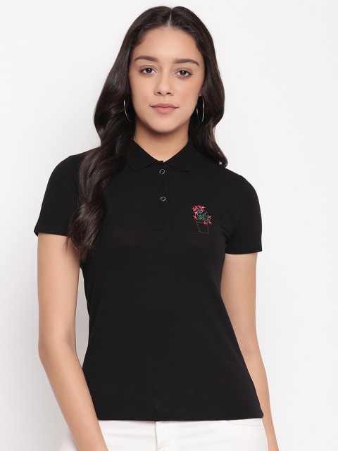 

Miss Grace Women Black Solid Polo Collar T-shirt