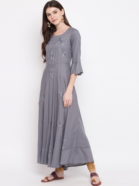

Vbuyz Women Grey Embroidered Anarkali Kurta