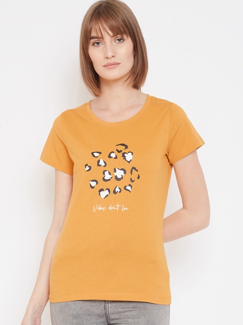 

METTLE Women Mustard Yellow Printed Round Neck T-shirt