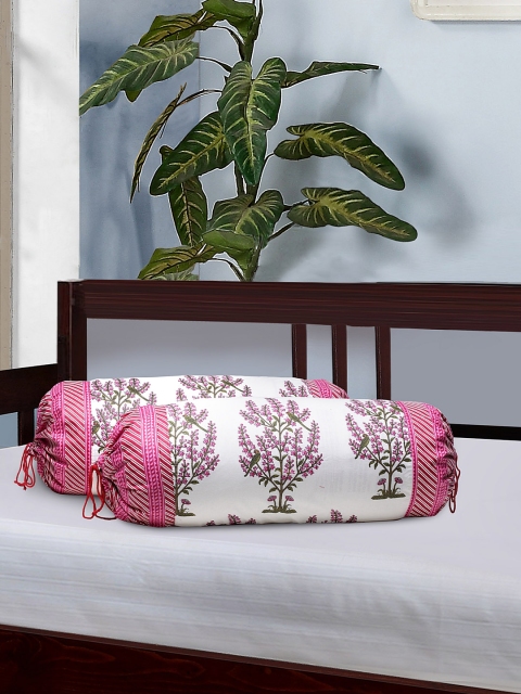 

Rajasthan Decor Set of 2 White & Pink Floral Screen Print Bolster Covers