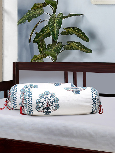 

Rajasthan Decor Set Of 2 White & Blue Screen Printed Bolster Covers