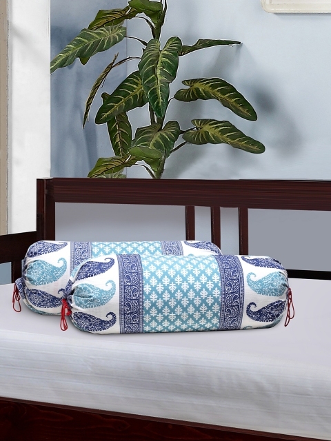 

Rajasthan Decor Set Of 2 White & Blue Screen Printed Bolster Covers