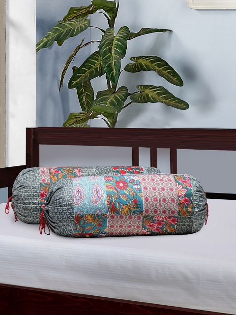 

Rajasthan Decor Set Of 2 Blue & Green Screen Printed Bolster Covers
