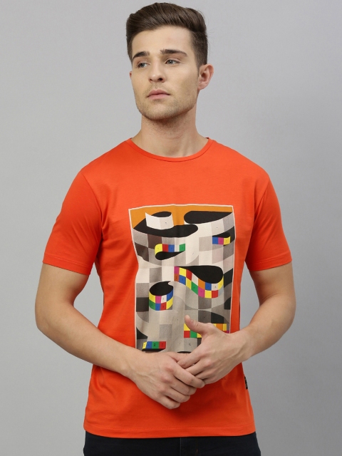

RARE RABBIT Men Orange Printed Round Neck T-shirt