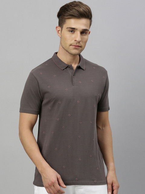 

RARE RABBIT Men Grey Self Design Polo Collar T-shirt