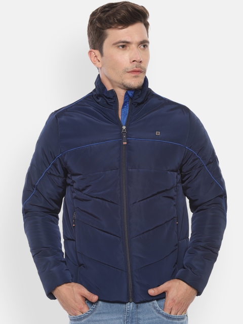 

Louis Philippe Men Navy Blue Self Design Windcheater and Water Resistant Quilted Jacket