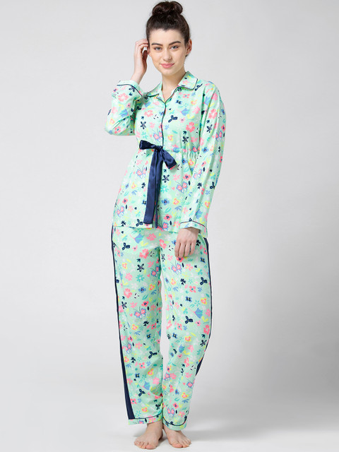 

ADORENITE Women Sea Green & Blue Printed Night suit