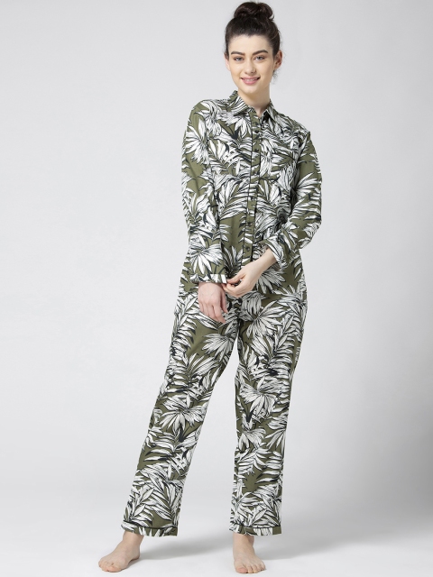 

ADORENITE Women Green & White Printed Night suit