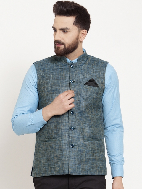 

KLOTTHE Men Blue Woven Design Nehru Jacket