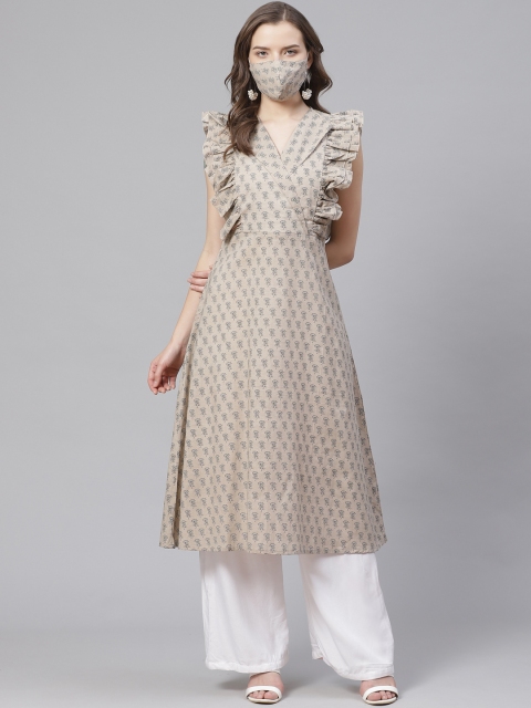 

Get Glamr Women Beige & Off-White Printed A-Line Kurta With Mask