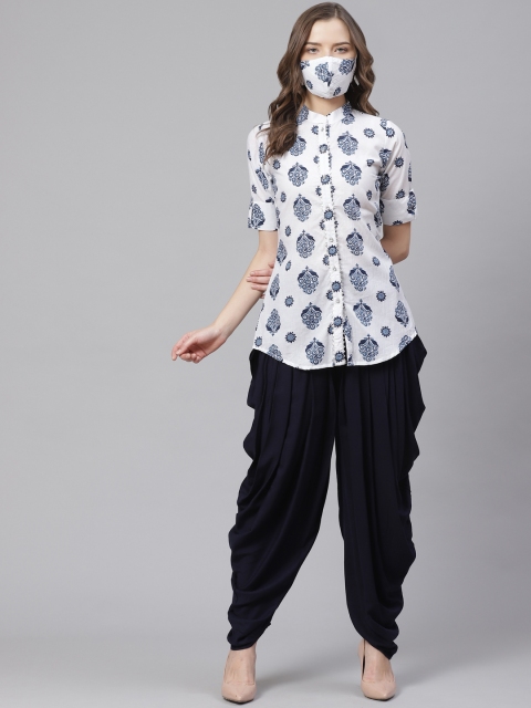 

Get Glamr Women White & Navy Blue Block Printed Kurti with Patiala and Mask
