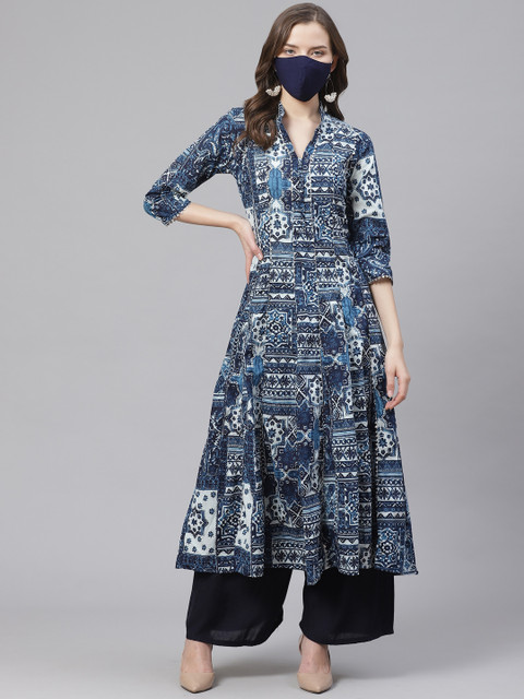 

Get Glamr Women Navy Blue & White Batik Printed Anarkali Kurta With Mask