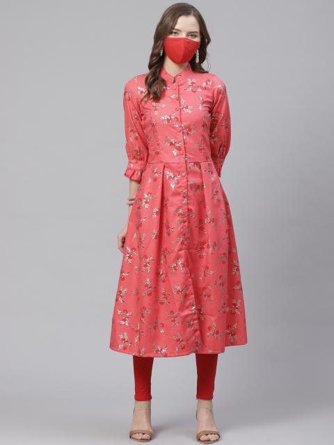 

Get Glamr Women Pink & White Foil Printed A-Line Kurta with Mask