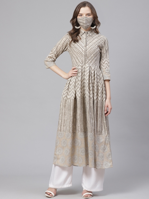 

Get Glamr Women Beige Printed A-Line Kurta With Mask