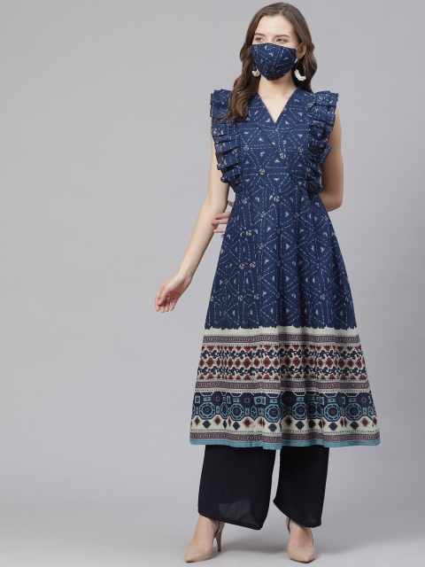 

Get Glamr Women Blue Printed A-Line Kurta With Mask