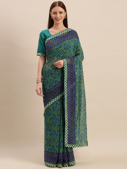 

Kvsfab Sea Green & Blue Pure Georgette Embroidered Bandhani Saree