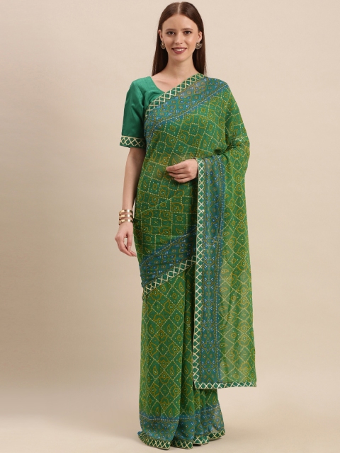

Kvsfab Green & Turquoise Blue Pure Georgette Embroidered Bandhani Saree