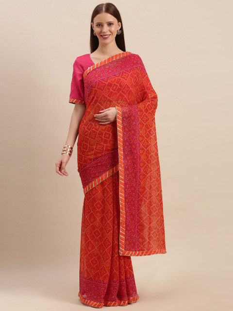 

Kvsfab Orange & Pink Pure Georgette Embroidered Bandhani Saree