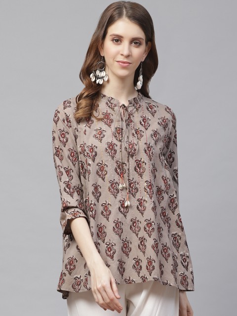 

clorals Women Beige & Maroon Dabu Printed A-Line Top