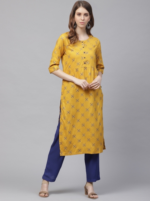 

clorals Women Mustard Yellow & Navy Blue Printed Kurta with Trousers