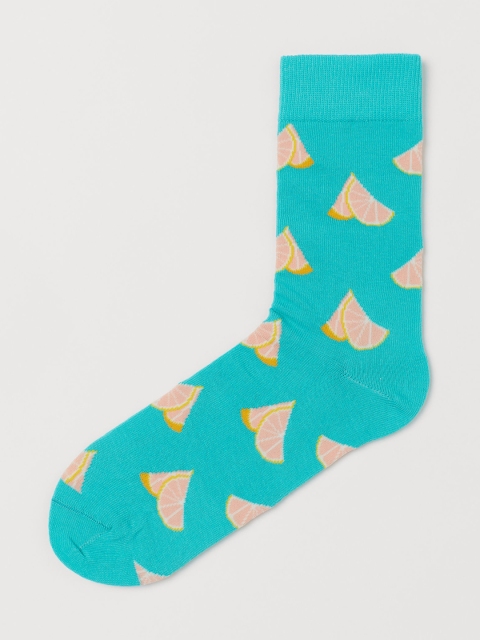 

H&M Men Turquoise Blue & Brown Patterned Socks