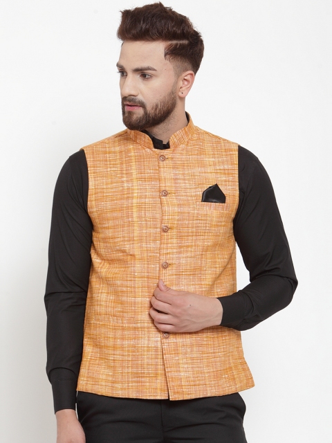 

KLOTTHE Men Yellow & Brown Woven Design Nehru Jacket