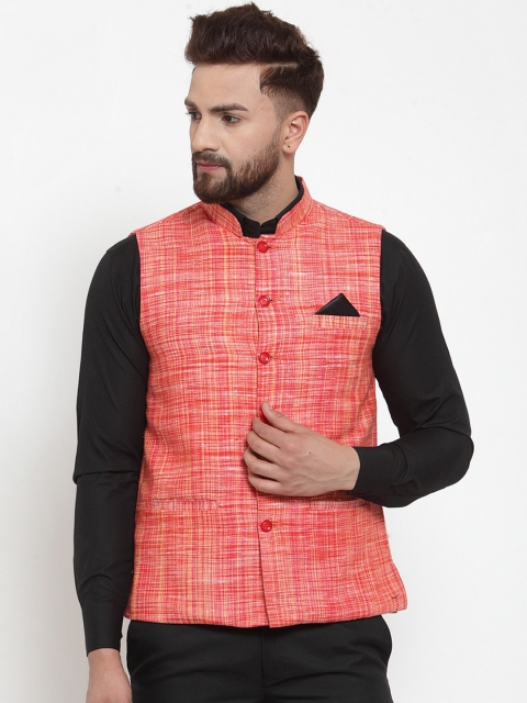 

KLOTTHE Men Red & Yellow Woven Design Nehru Jacket