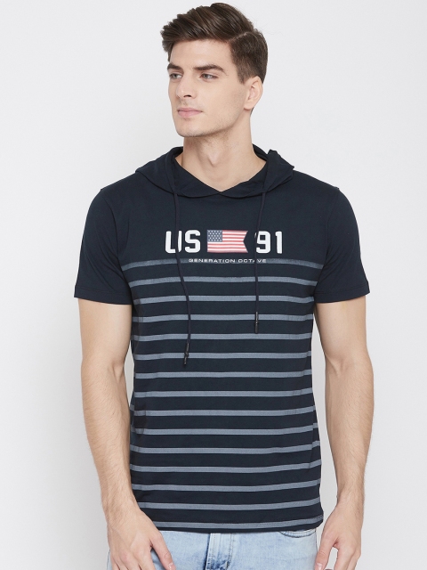 

Octave Men Navy Blue & White Striped Hood T-shirt