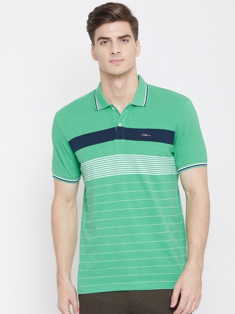 

Octave Men Green & White Striped Polo Collar T-shirt
