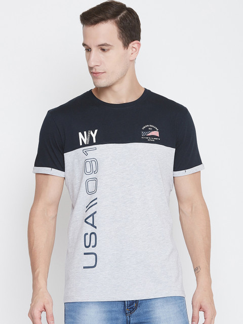 

Octave Men Grey & Navy Blue Colourblocked Round Neck T-shirt
