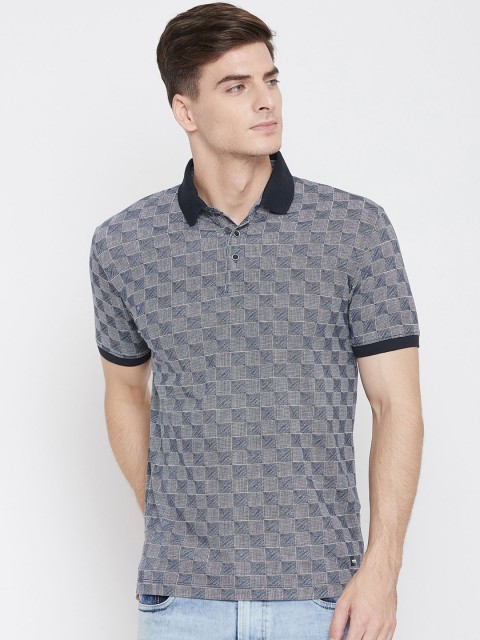 

Octave Men Navy Blue & Grey Checked Polo Collar T-shirt