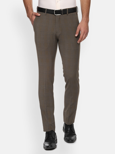 

Louis Philippe Men Olive Green & Grey Slim Fit Checked Formal Trousers