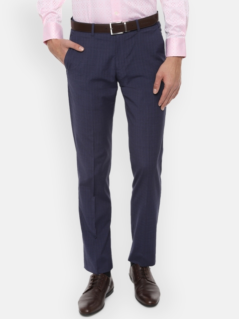 

Louis Philippe Men Navy Blue Regular Fit Checked Formal Trousers