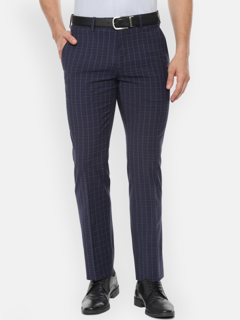 

Louis Philippe Men Navy Blue & White Slim Fit Checked Formal Trousers