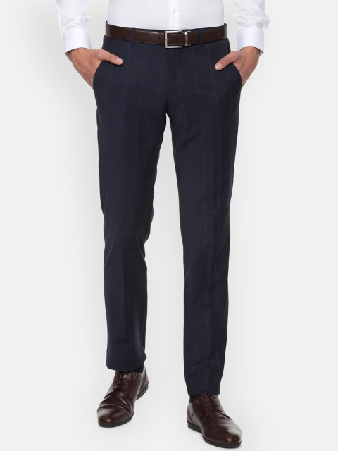 

Louis Philippe Men Navy Blue Regular Fit Checked Formal Trousers