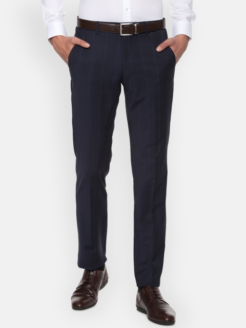 

Louis Philippe Men Navy Blue Regular Fit Checked Formal Trousers