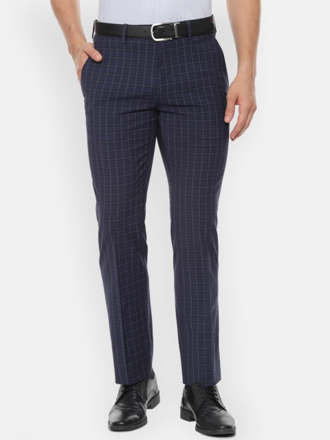 

Louis Philippe Men Navy Blue & Off-White Slim Fit Checked Formal Trousers
