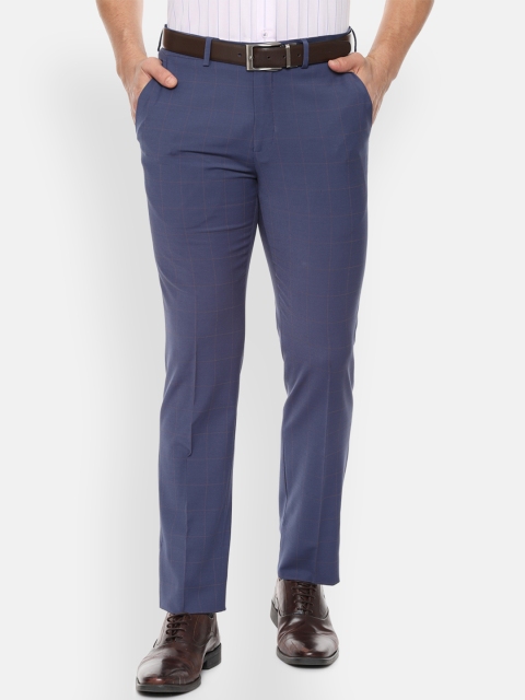 

Louis Philippe Men Navy Blue & Beige Slim Fit Checked Formal Trousers